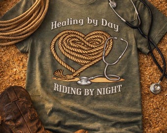 Healing by Day Riding by Night T-Shirt | Stethoscope Rope Heart Western Medical