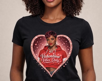 Valentine Vibes Only Womens T-Shirt | Rose Gold Heart Afro Queen Graphic Tee | Valentines Day Shirt