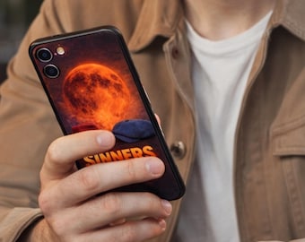 Sinners Design iPhone Case | Blood Moon, Red Fedora & Blue Cap, Dark Fantasy Art Iphone 16, 16 Pro, 16 Pro Plus, 16 Pro Max, 17 and 17 Air