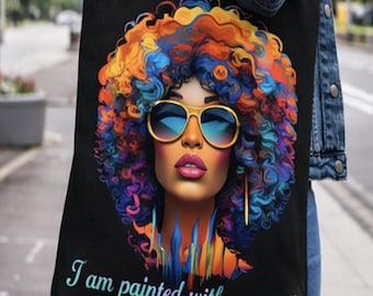 I Am Painted With Purpose Canvas Tote | Afro Glam Art Bag | Black Woman Empowerment