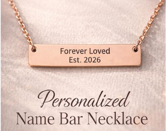 Featured listing image: Personalized Horizontal Bar Necklace | Custom Engraved Name, Date, Phrase | Gold, Rose Gold, Black, Rainbow