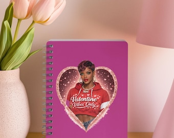 Valentine Vibes Only Pink Spiral Notebook | Afro Queen Rose Gold Heart Lined Journal | Self Love Planner Gift