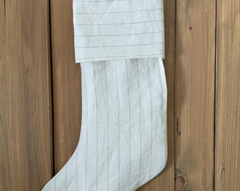 Striped Cream 100% Linen Christmas Stocking - Cuffed Style