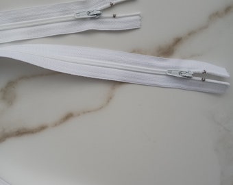 2 White YKK Zippers, 18" Long