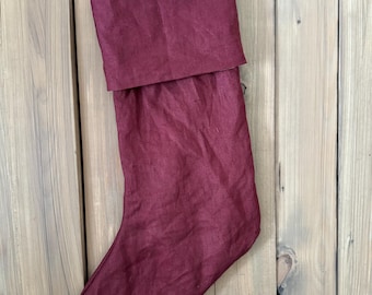 Burgundy -100% Linen Christmas Stocking - Cuffed Style