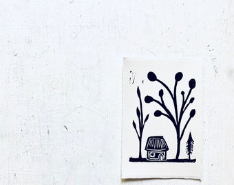 Handcarved Linocut Print: Black Ink Landscape (3.5 x 5 inch)