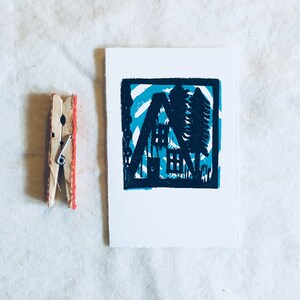 linoprint, blockprint, artprint, linocut print, 3.5 x 5.25 inch, handprinted, handpulled, handcarved, illustration, a frame, camping