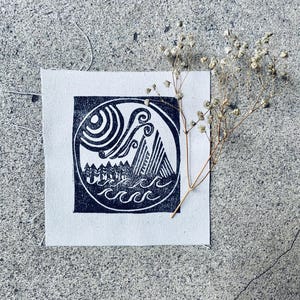 Handprinted Mountain Linocut Fabric Patch: Adventure Blockprint