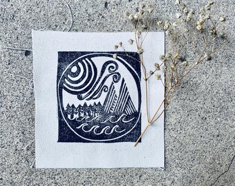 Handprinted Mountain Linocut Fabric Patch: Adventure Blockprint