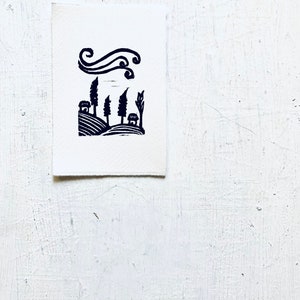 linoprint, blockprint, artprint, linocut print, 3.5 x 5 inch, handprinted, handpulled, handcarved, illustration, landscape, house, nature,