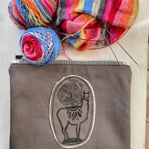 project bag, tote, bag, pouch, knitting, crochet, sewing bag, art bag, kids bag, blockprint, llama, yarn bag