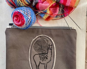 Handmade Llama Blockprint Project Bag: Cotton Knitting Tote