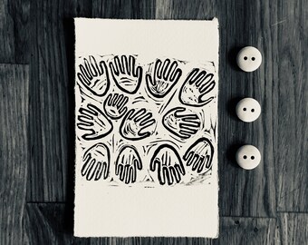 linoprint, blockprint, artprint, linocut print, 3.5 x 5.25 inch, handprinted, handpulled, handcarved, illustration, hands