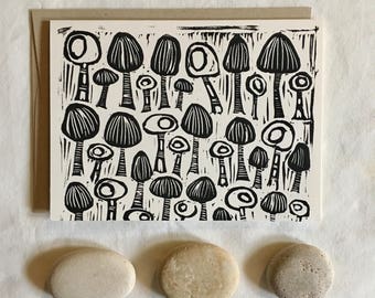 greeting card, art card, linocut print, blockprint, art print, handprinted, handpulled, linoprint, print, 4x6 card, stationery, mushrooms