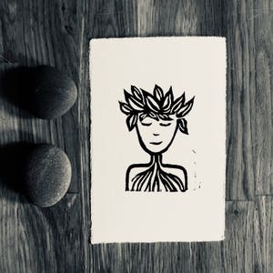 linoprint, blockprint, artprint, linocut print, 3.5 x 5.25 inch, handprinted, handpulled, handcarved, illustration, adventure , male
