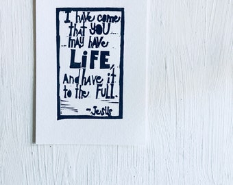 linoprint, blockprint, artprint, linocut print, 5x7, handprinted, handpulled, handcarved, jesus, scripture, typography, bible, inspiration