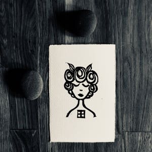 linoprint, blockprint, artprint, linocut print, 3.5 x 5.25 inch, handprinted, handpulled, handcarved, illustration, adventure , female