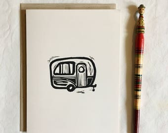 greeting card, art card, linocut print, blockprint, art print, handprinted, handpulled, linoprint, print, 4x6 card, stationery, camper