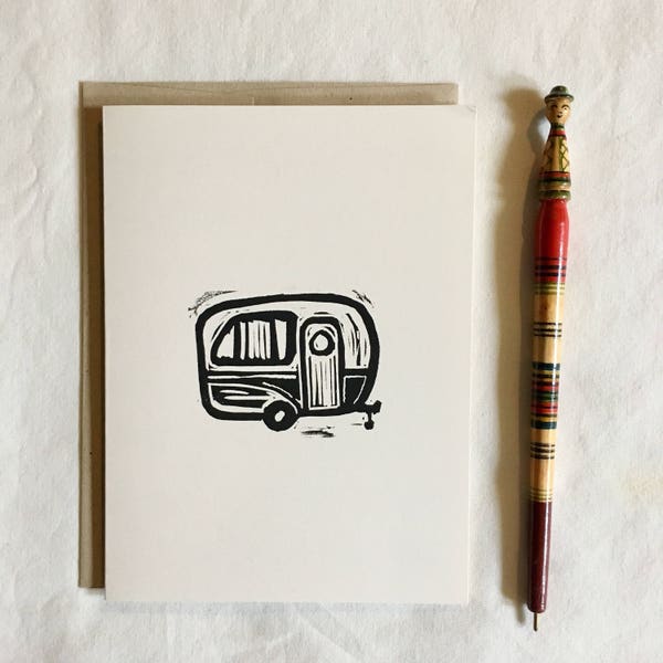 greeting card, art card, linocut print, blockprint, art print, handprinted, handpulled, linoprint, print, 4x6 card, stationery, camper