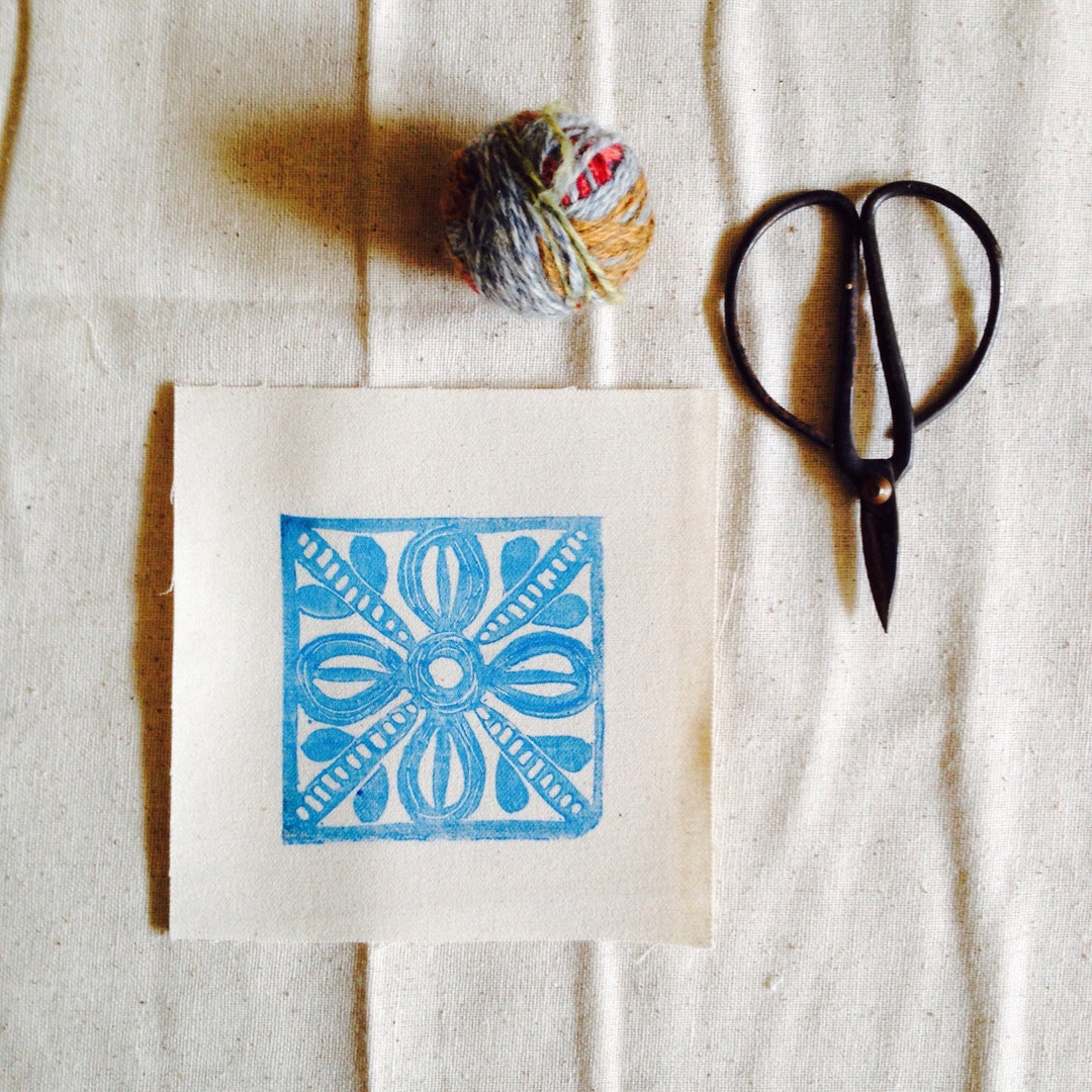 Patchwork Linocut Handprinted Floral Linocut Fabric Patch: 100% Cotton Tile - Etsy