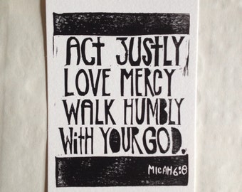linoprint, linocut print, blockprint, art print, MICAH 6:8, 5x7, handprinted, handpulled, handcarved, print, wall art