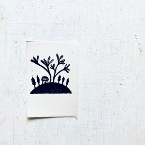 linoprint, blockprint, artprint, linocut print, 3.5 x 5 inch, handprinted, handpulled, handcarved, illustration, landscape, house, nature,