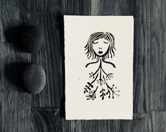 Floral Female Linocut Print: Handprinted Illustration (3.3 x 5.2 inch)