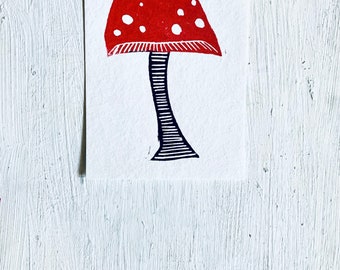 linoprint, blockprint, artprint, linocut print, 5x7, handprinted, mushroom, forest, wild, botanic print