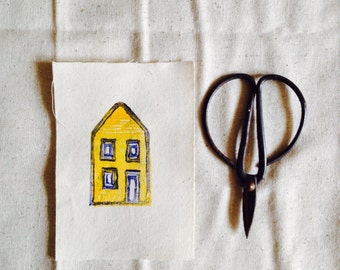 Handprinted House Linocut Fabric Patch: Blockprint Cotton Applique