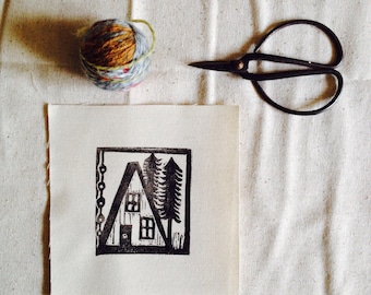 Handprinted A-Frame House Linocut Fabric Patch