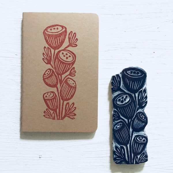 linoprint, cahier, moleskine, blank 3.5" x 5.5" handprinted moleskine notebook, linoprint, blockprint, floral, botanic, blank sketchbook