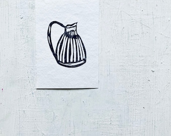 linoprint, blockprint, artprint, linocut print, 3.5 x 5 inch, handprinted, handpulled, handcarved, illustration, vase, pitcher, vessel,