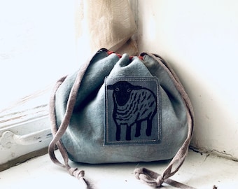 project bag, tote, bag, pouch, knitting, crochet, sewing bag, art bag, kids bag, handdyed , sheep , yarn bag