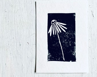 linoprint, blockprint, artprint, linocut print, 5x7, handprinted, floral, daisy, echinacea, wildflower, botanic print