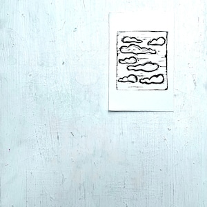 linoprint, blockprint, artprint, linocut print, 3.5 x 5 inch, handprinted, handpulled, handcarved, illustration, weather, clouds, nature,