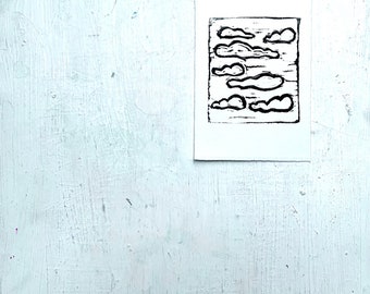 Handcarved Cloud Linocut Print: Black & White Art (3.5 x 5 inch)