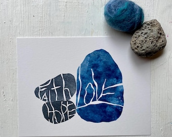 Abstract Faith Hope Love Linocut Print, Gray Blue Handpulled Art (6x9 in)