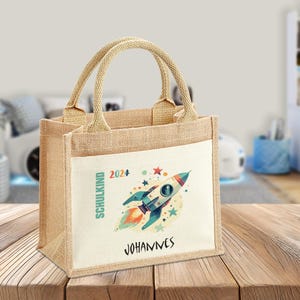 Sac d'écolier - motif fusée - sacs personnalisés - inscription scolaire - cadeau - école - espace - fait main - sac en jute - poche