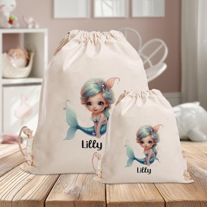 Sac de sport personnalisé - bleu sirène - jardin d'enfants - école - avec nom - sac de sport - sac à dos - vêtements de rechange - grand-petit