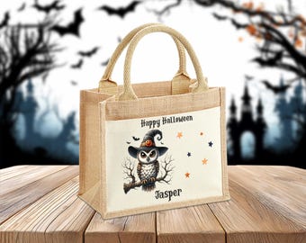 Personalized jute bag - pocket bag - owl with hat - Halloween - pumpkin - kindergarten - with name - elementary school - collection bag