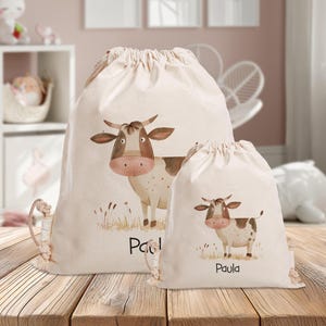 Sac de sport personnalisé - bœuf - vache - ferme - maternelle - école - avec nom - sac de sport - vêtements de rechange - grand mini sac