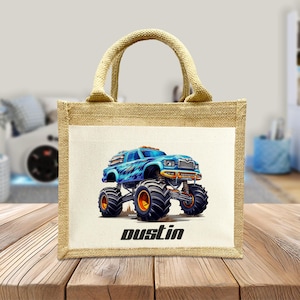 Sac d'écolier - Motif Monster Truck - Voiture - Véhicule - Sacs personnalisés - Maternelle - Sac en jute - avec nom