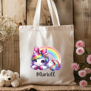 Baumwolltasche - Einhorn - Regenbogen - Glitzer- Stofftasche - Einkaufstasche - Personalisiert - mit Name  - lange Henkel - Wechselkleidung