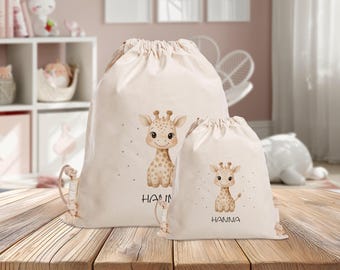 Gepersonaliseerde sporttas - giraffe beige - kleuterschool - school - met naam - sporttas - rugzak - reservekleding - groot - klein