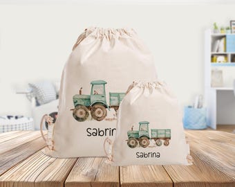 Personalisierter Turnbeutel - Traktor - grün - Farm - Kindergarten - Schule - mit Name - Sporttasche - Wechselkleidung