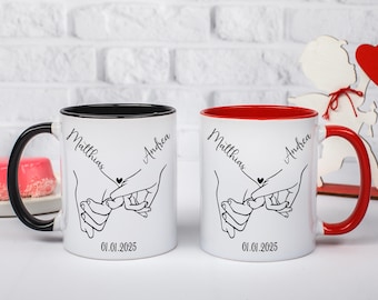 Couple mug - Two hands - Mr & Mrs mug - Personalised - Wedding - Anniversary - Gift - Heart handle - with name - Partner mugs