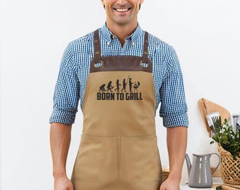 Delantal de parrilla - Born to Grill - con piel sintética - regalo - temporada de parrilladas - delantal de cocina - caqui - verano - cocina
