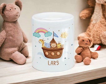 Personalized Money Box - Noah's Ark - Animals - Blue