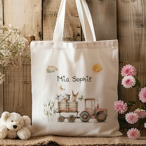 Sac en coton - tracteur - animaux de la ferme - sac en tissu - personnalisé - sac de courses - avec nom - vêtements de rechange - ferme