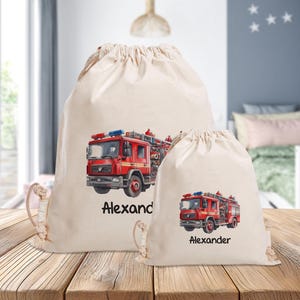 Sac de sport personnalisé - camion de pompiers - jardin d'enfants - école - avec nom - sac de sport - vêtements de rechange - jaune - grand - mini